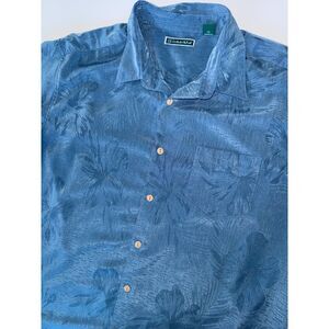 Cubavera Mens XL Blue Palm Leaf Button Down SS Collard HawaiianShirt